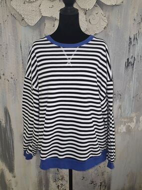 UE Black & White Striped Crewneck Sweatshirt with Blue Trim